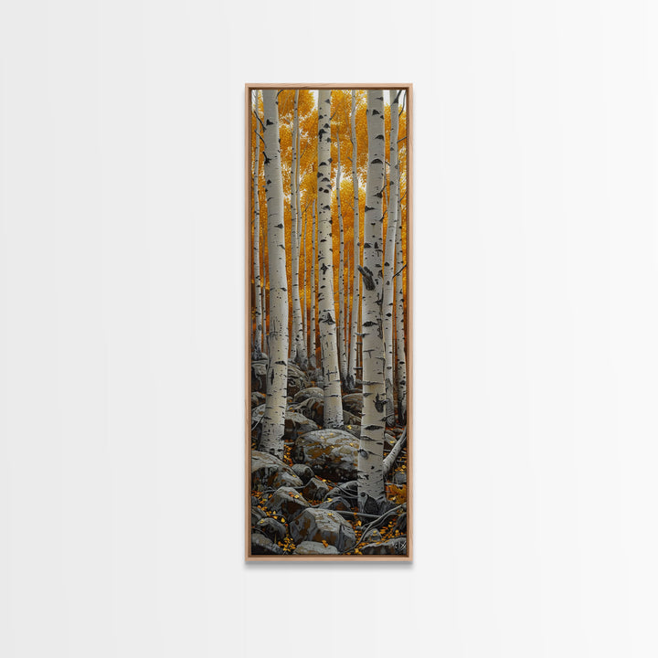 Birch Tree Forest, Framed Canvas Print, Skinny / Tall Wall Art, Living Room Decor, Landscape Painting, Nature Decor