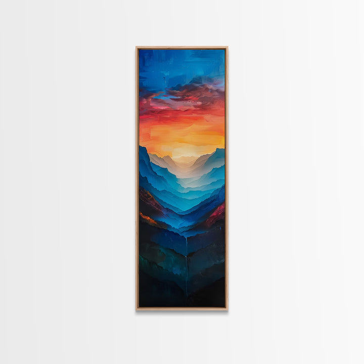 Sunset Over The Mountain Valley Framed Canvas Print - Colorful Wall Art - Midcentury Modern Style Art - Modern Decor - Abstract Landscape Painting - Tall Art