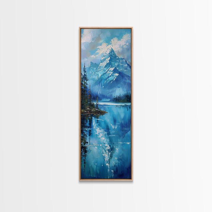 Mountain Reflections In The Lake Framed Canvas Print, Boho Style Oil Painting Print, Minimalist Decor, Unique Gift Idea, Skinny Art For Small Spaces