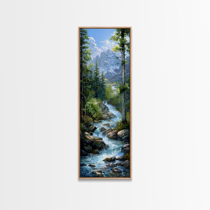 Majestic Mountain Stream In A Serene Forest Landscape, Farmhouse And Minimalist Art Style, Boho Wall Art In Tall Canvas Print
