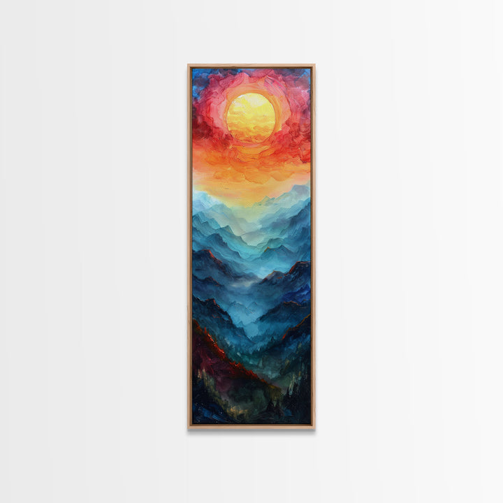 Majestic Sunrise Over Mountain Range Boho Sunset Landscape Framed Canvas Print Tall Art Japanese Style Art
