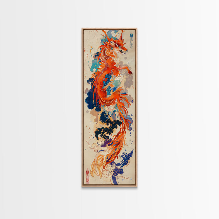 Majestic Red Dragon Soars Skinny Art Tall Art Japanese Ukiyo-e Inspired Mythical Creature Framed Canvas Print