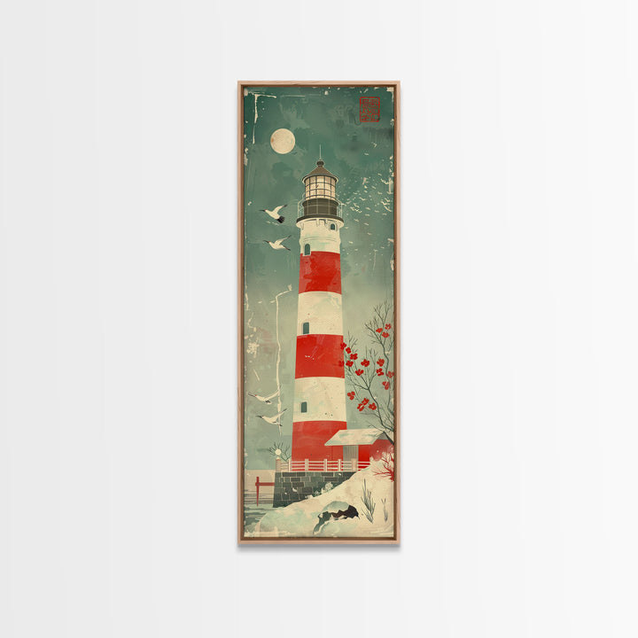 Japanese Woodblock Print Of A Traditional Lighthouse Surrounded By Seagulls Framed Canvas Print Ready To Hang For Wall Art Decor
