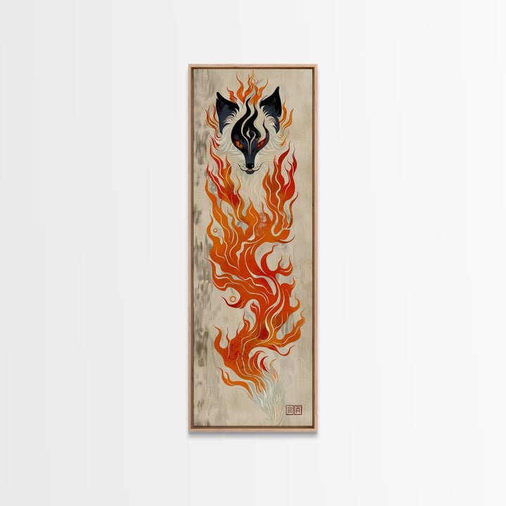 Fiery Kitsune Spirit Skinny Art Tall Art Japanese Ukiyo-e Inspired Mythical Creature Framed Canvas Print