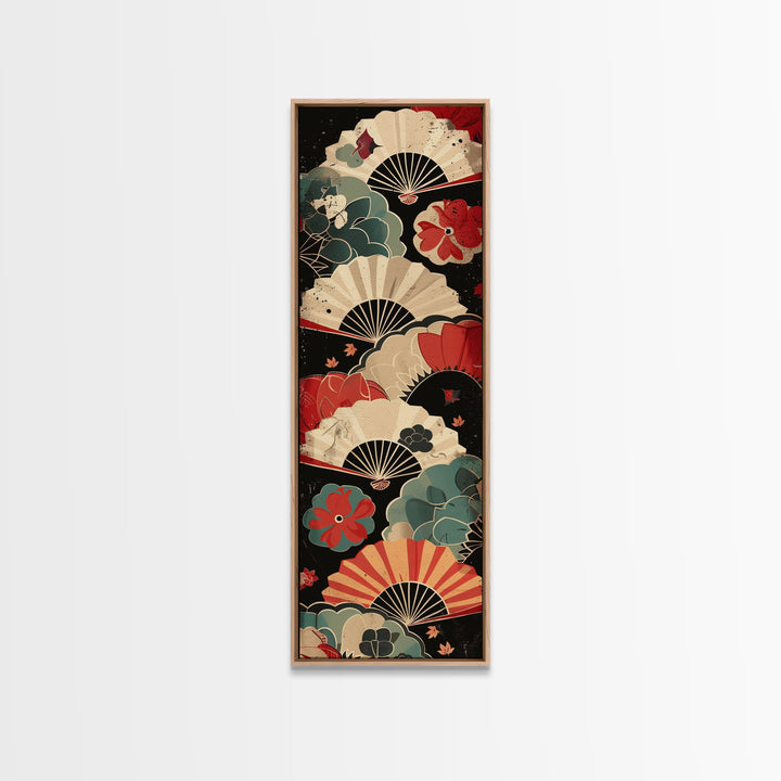 Japanese-Inspired Fan Art in Bold Red and Cream Accents on Tall Vertical Canvas Print Featuring Elegant Floral Design