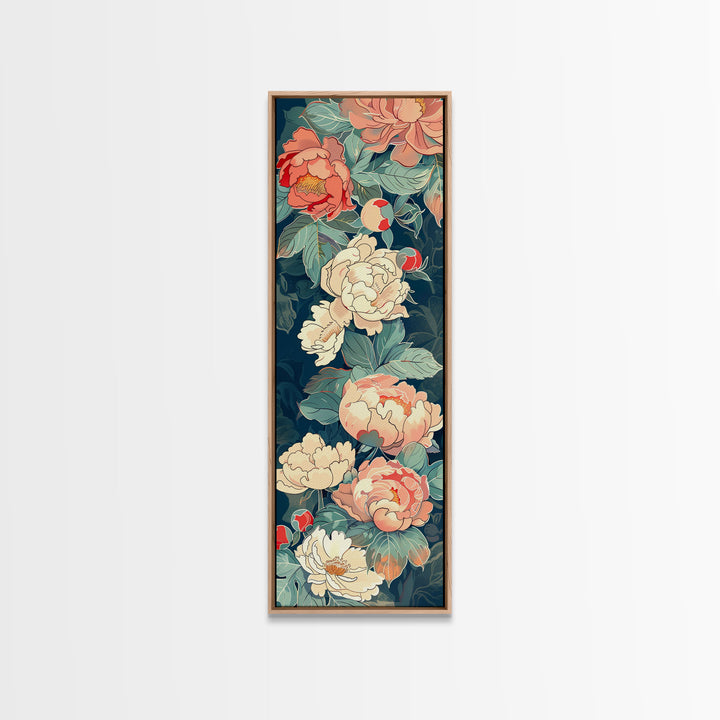Delicate Peony Blossoms in Soft Pastel Hues on Japanese-Inspired Tall Vertical Canvas Print for Elegant Floral Decor
