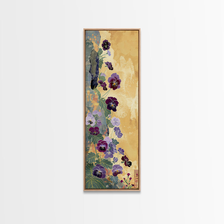 Deep Purple Pansy Flowers Against Textured Gold Background on Tall Vertical Canvas Print for Rich Floral Wall Decor