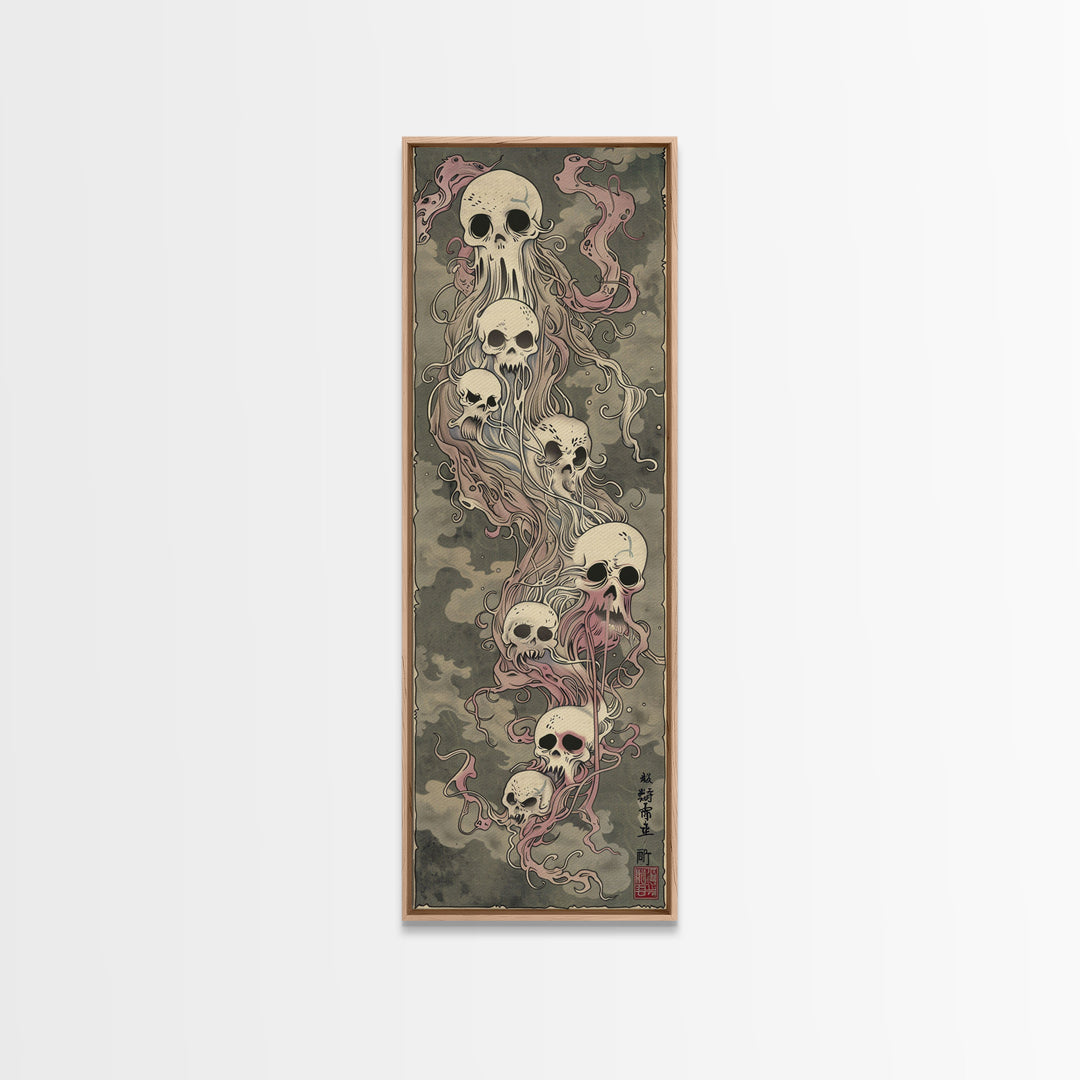 Hauntingly Beautiful Floating Skulls on Tall Vertical Canvas Print Featuring Japanese Ghostly Art in Eerie Style