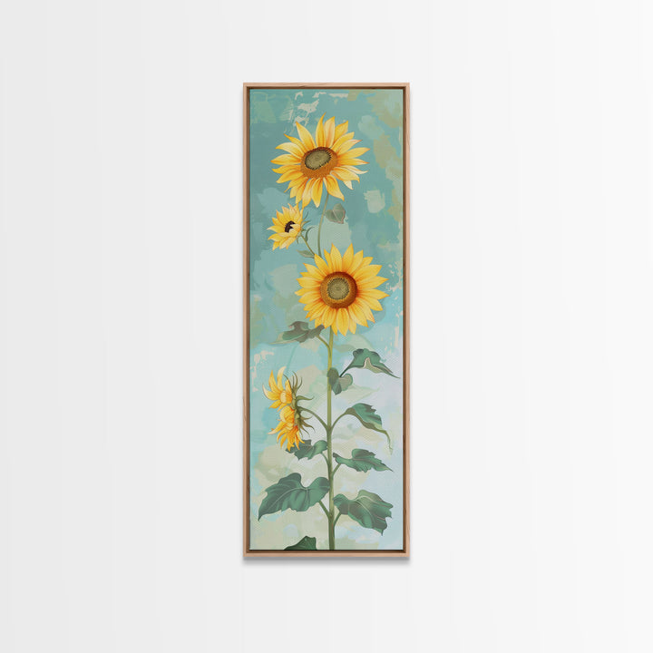Japanese Skinny Art of Sunflowers with Golden Petals and Verdant Stems on a Pastel Blue Background – Framed Canvas Print