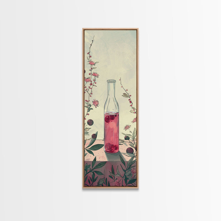 Skinny Art of Still Life with Elegant Glass Bottle and Floral Accents – Japanese-Inspired Framed Canvas Print
