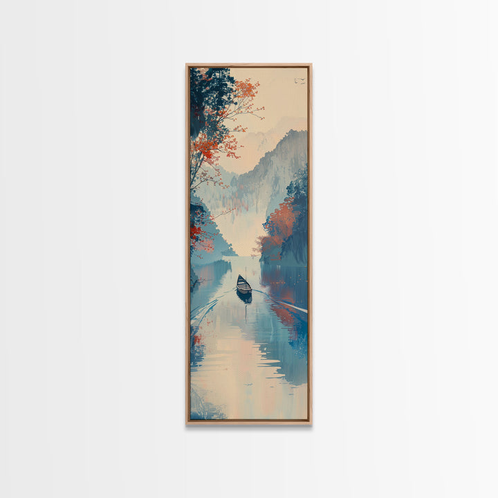 Serene Japanese Landscape Framed Canvas Print Featuring A Calm River Scene With Boat And Misty Mountains, Traditional Wall Art, Ready To Hang