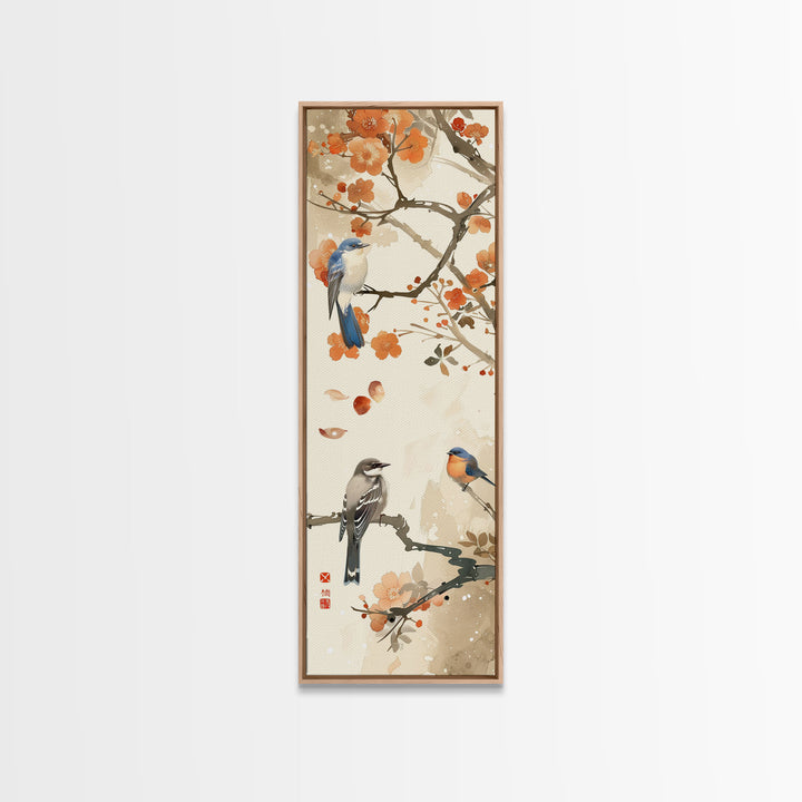 Japanese Art Inspired by Tranquil Birds and Blossoms, Framed Canvas Print for Tall Skinny Art Lovers in Ukiyo-e Style