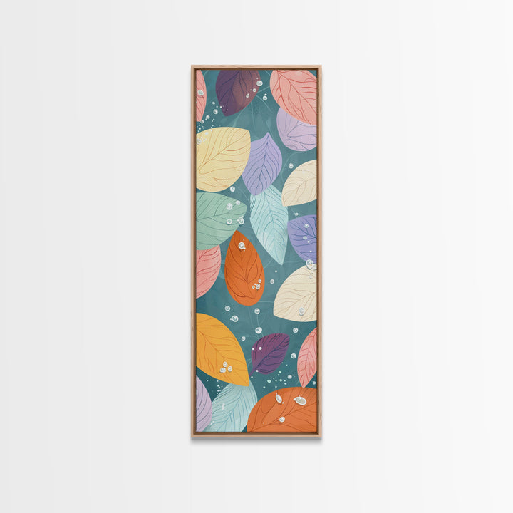 Floating Leaves in Soft Pastel Colors, Skinny Tall Art with Japanese Influence, Framed Canvas Print in Ukiyo-e Style