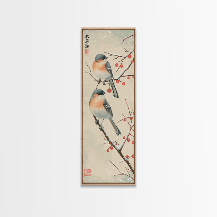Pair of Birds on Snowy Branches, Japanese Art Framed Canvas Print, Tall and Skinny Wall Art in Ukiyo-e Style