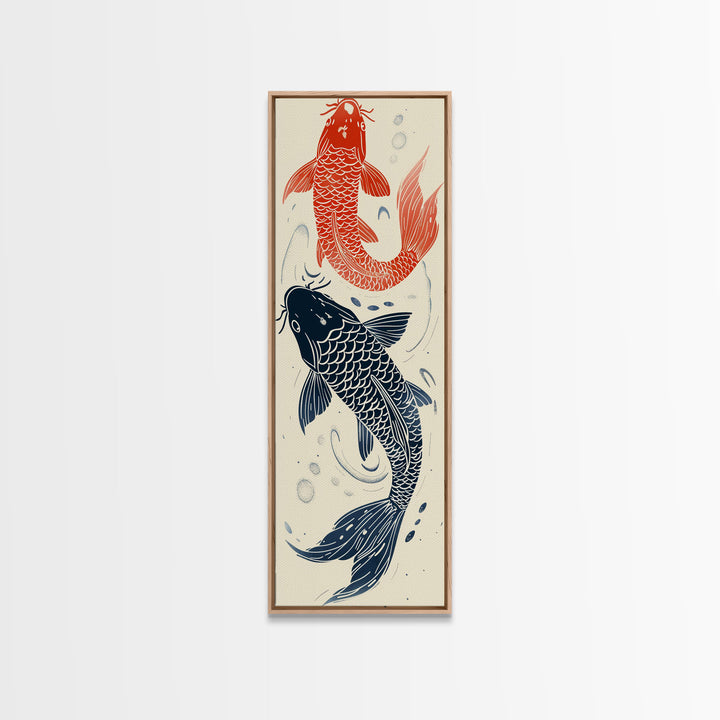 Elegant Koi Fish in Minimalist Japanese Art Style, Tall and Skinny Framed Canvas Print for Ukiyo-e Art Lovers