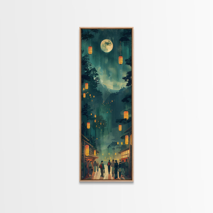 Framed Canvas Print Of A Nighttime Japanese Festival Scene With Lanterns And Pine Trees, Traditional Wall Art Ready To Hang