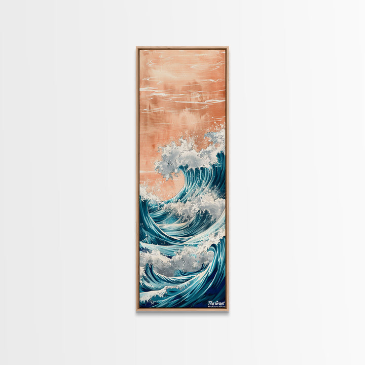 Majestic Wave, Peach Sky, Japanese Art, Skinny Art, Tall Art, Framed Canvas Print, Ukiyo-e Style