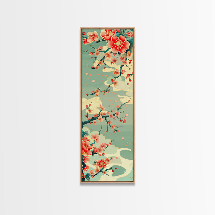 Plum Blossoms, Turquoise Sky, Japanese Art, Skinny Art, Tall Art, Framed Canvas Print, Ukiyo-e Style