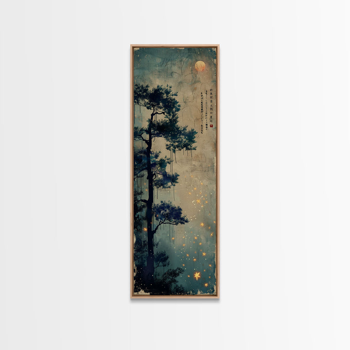 Pine Tree, Moonlit Sky, Japanese Art, Skinny Art, Tall Art, Framed Canvas Print, Ukiyo-e Style