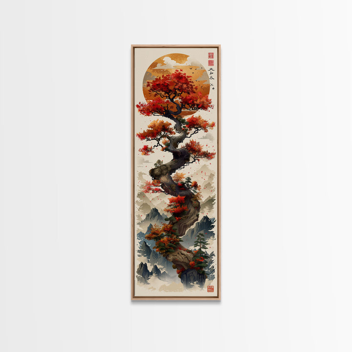 Majestic Bonsai Tree Under the Golden Sun Skinny Art Ukiyo-e Tall Framed Canvas Print with Mountain Landscape