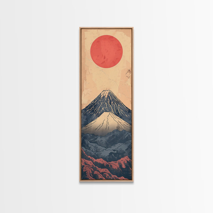 Mount Fuji Under a Red Sun Skinny Art Ukiyo-e Tall Framed Canvas Print Inspired by Japanese Landscape