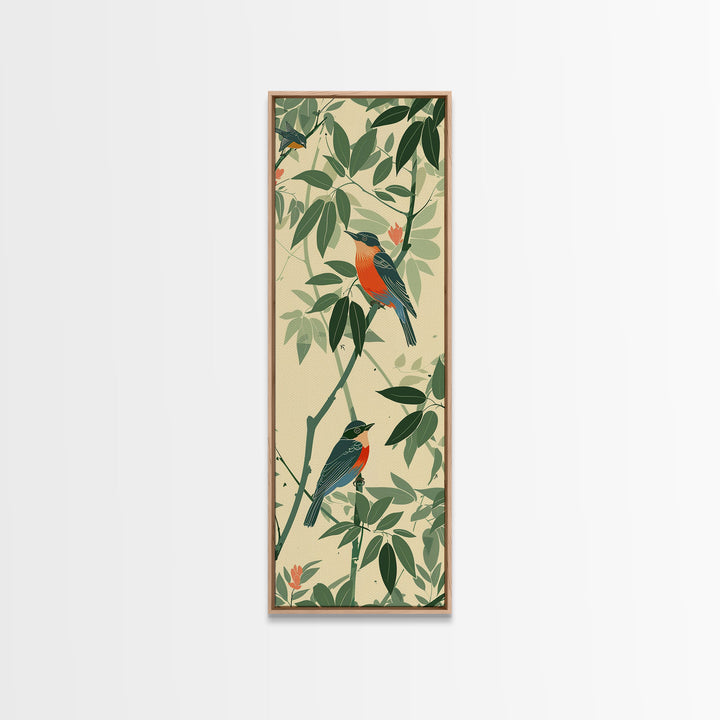 Skinny Art Tall Art Framed Canvas Print Birds Amongst Dense Greenery And Red Flowers Ukiyo-e Japanese Style Art Wood Block Print