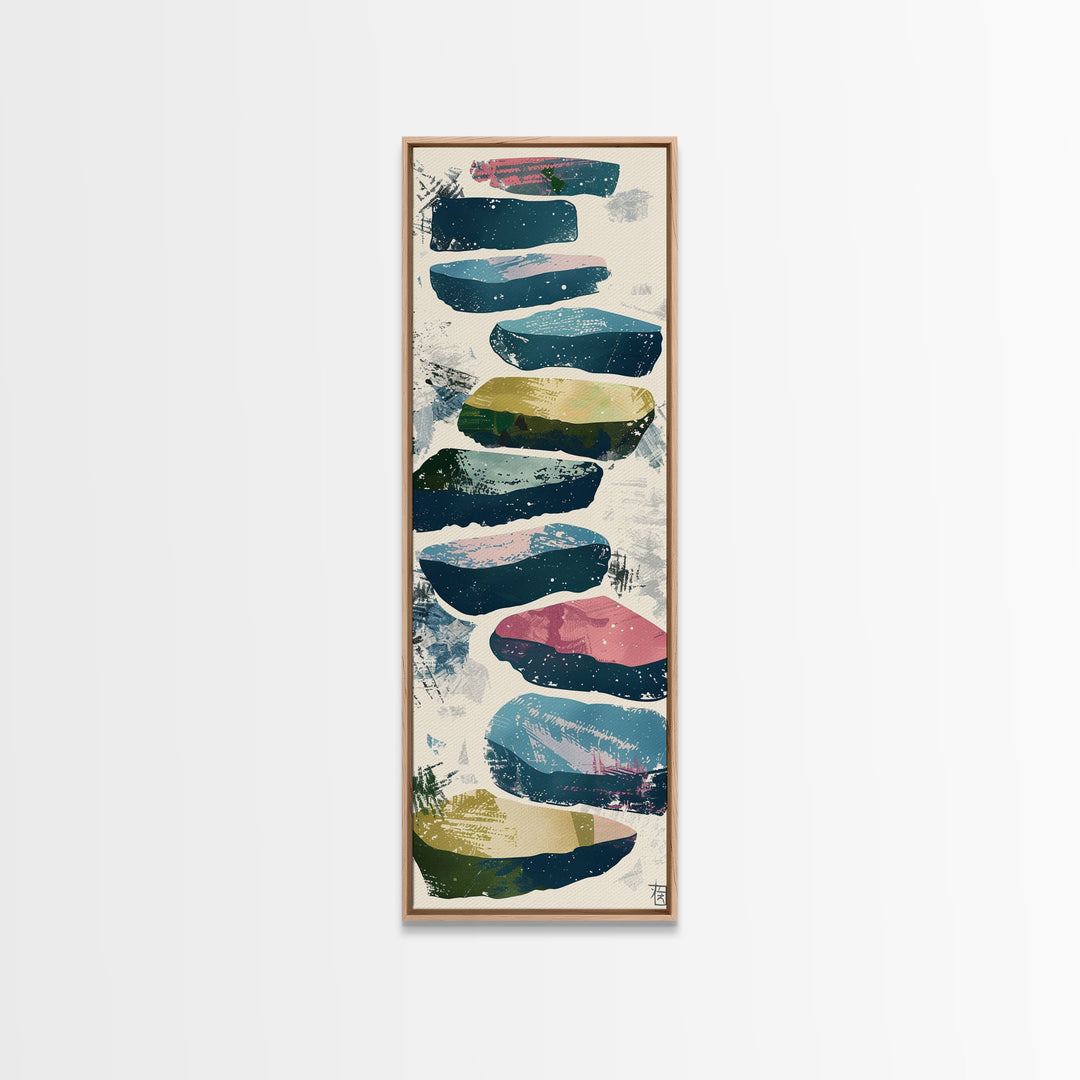 Skinny Art Tall Art Framed Canvas Print Abstract Stepping Stones In Varied Colors Over A Neutral Background Ukiyo-e Japanese Style Art