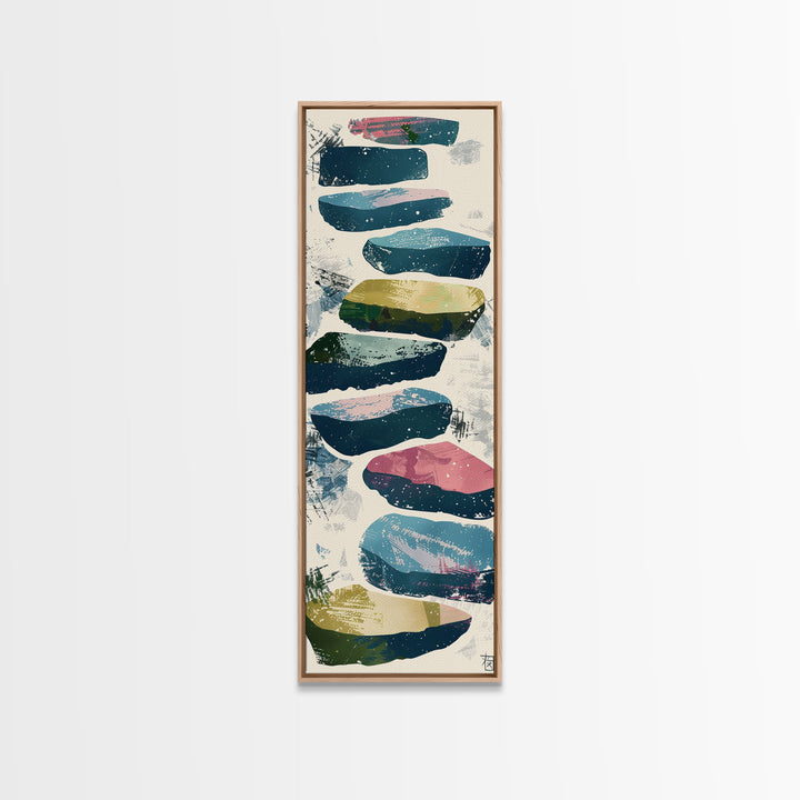 Skinny Art Tall Art Framed Canvas Print Abstract Stepping Stones In Varied Colors Over A Neutral Background Ukiyo-e Japanese Style Art