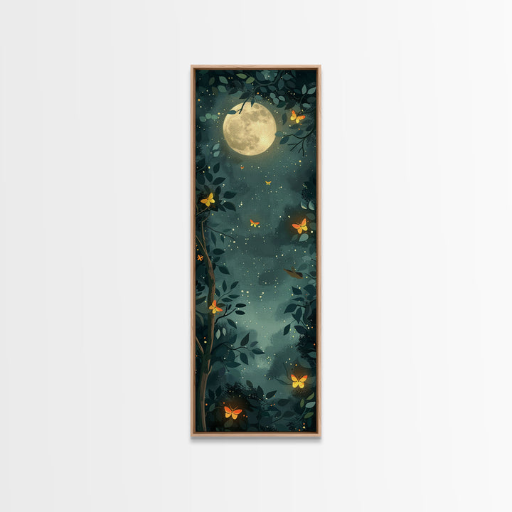 Full Moon And Butterflies In A Night Forest Japanese Style Framed Canvas Print, Wall Art Ready To Hang For Your Home
