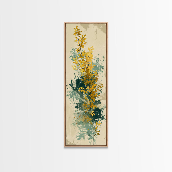Golden Foliage Set Against Green Textured Background Skinny Art Tall Art Framed Canvas Print Japanese Style Art Ukiyo-e Art Wood Block Print Natural Elegant