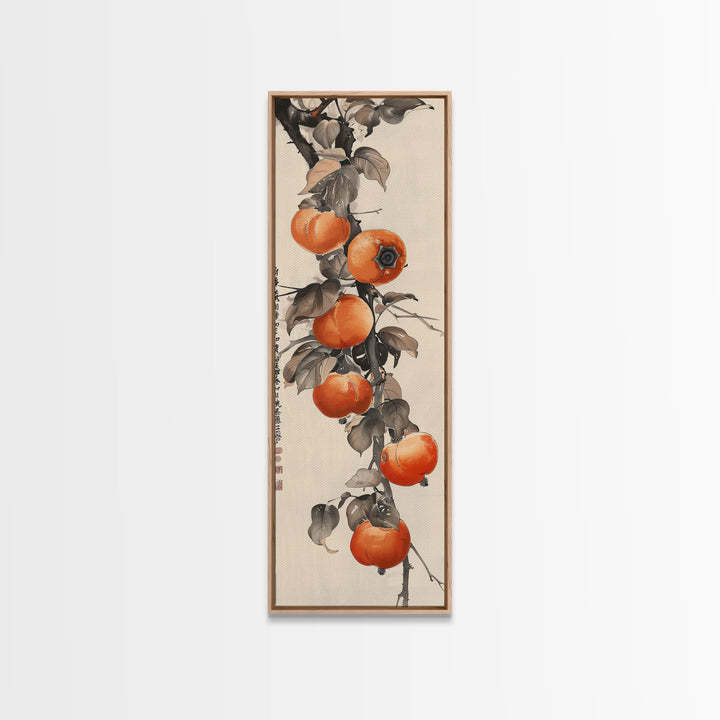 Bountiful Persimmons On Tree Branch Skinny Art Tall Art Framed Canvas Print Japanese Style Art Ukiyo-e Art Wood Block Print Seasonal Natural
