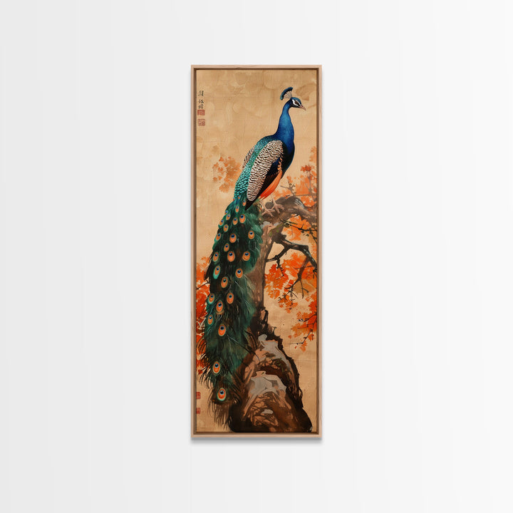 Majestic Peacock Perched On A Branch With Autumn Leaves, Skinny Art Tall Wall Art Framed Canvas Print Japanese Style Art