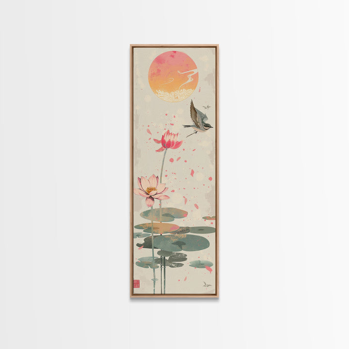 Autumn Maple Leaves Falling Tall Skinny Japanese Wall Art - Framed Canvas Print in Ukiyo-e Style