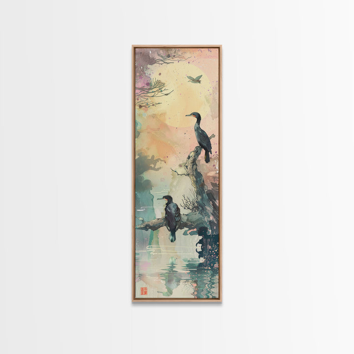 Orange Marigold Blossoms in Japanese Style Tall Skinny Framed Canvas Print - Ukiyo-e Wall Art