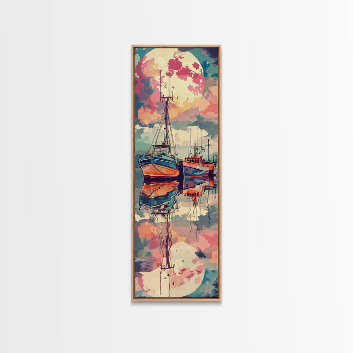 Canvas Print Colorful Fishing Boats Under Full Moon, Vibrant Coastal Scene For Nautical-Themed Home Decor, Wall Decoration