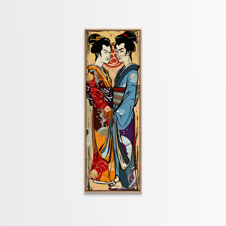 Japanese Couple in Traditional Kimono, Tall Skinny Framed Canvas Print for Wall Art