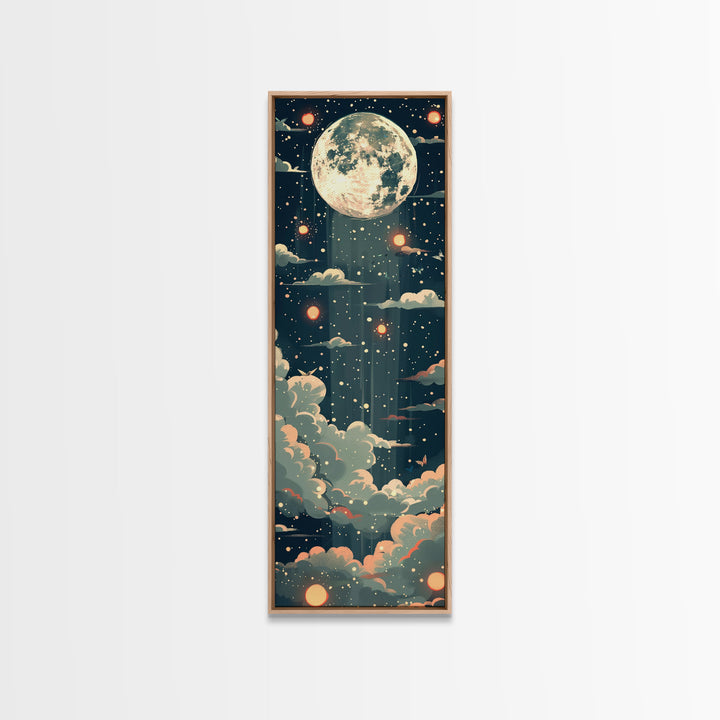 Moonlit Night With Japanese Lanterns Art On Framed Canvas Print In Ukiyo-e Style Tall Skinny Ethereal Wood Block Wall Decor