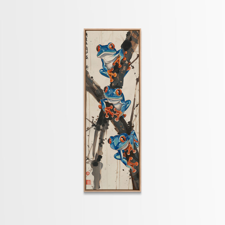 Three Blue Tree Frogs Branches Japanese Tall Wall Art Skinny Framed Canvas Print Ukiyo-e Style