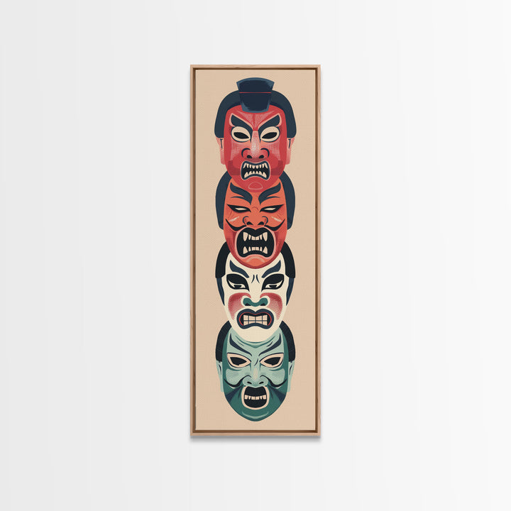Bold Striking Japanese Kabuki Masks Vibrant Colors Depicted Traditional Style Tall Framed Canvas Print Cultural Home Decor
