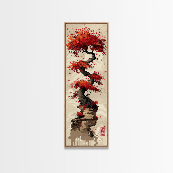 Vibrant Red Maple Tree with Twisting Branches on a Beige Background Ukiyo-e Art Japanese Framed Canvas Print Skinny Tall Art