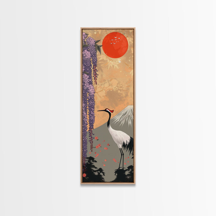 Japanese Crane Skinny Wall Art Framed Canvas Print in a Garden with Wisteria Flowers and Mount Fuji in the Background