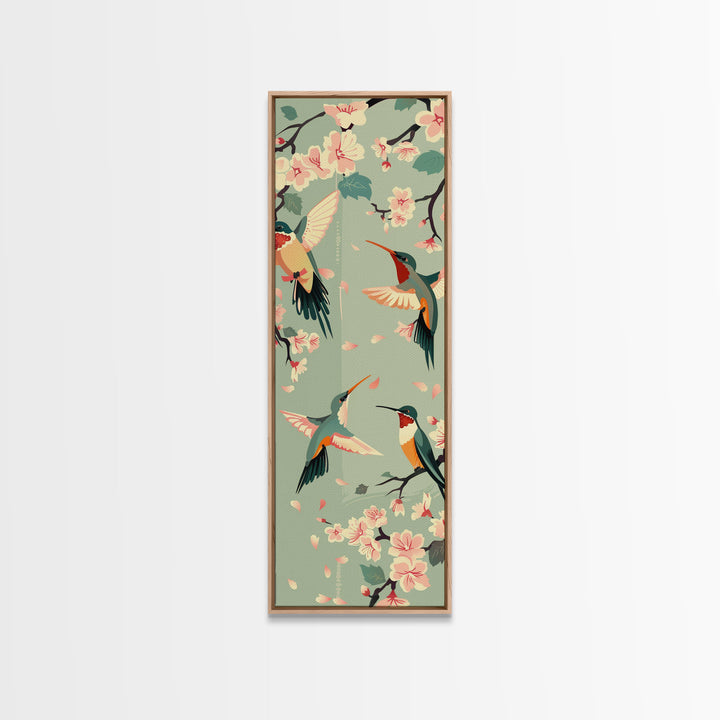 Hummingbirds And Cherry Blossoms In Japanese Style Canvas, Ukiyo-e Inspired Woodblock Art, Framed Canvas Print, Japanese Tall Skinny Wall Art, Ready To Hang