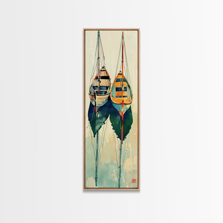 Reflective Calm Sailboats In The Harbor – Framed Canvas Print Featuring Skinny Art With Ukiyo-E Art And Japanese Style Art Tall Art Display