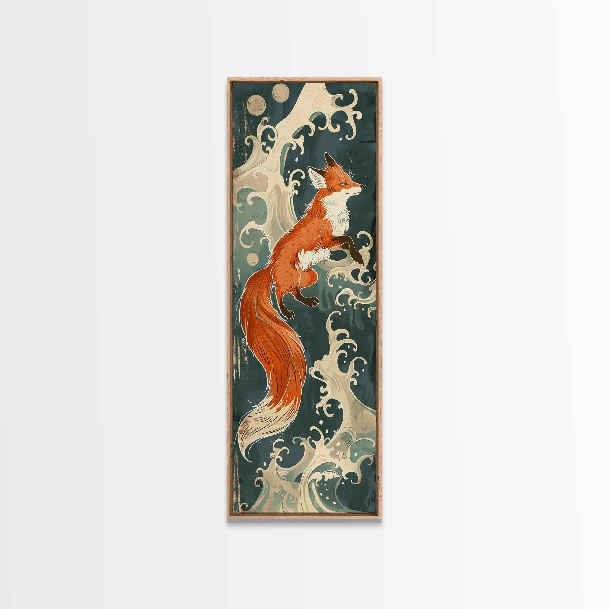 Japanese Style Art Depicting A Fox In Motion Against A Backdrop Of Foa ...