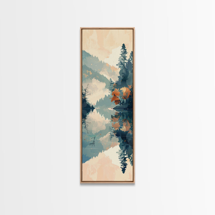 Ukiyo-e Art Depicting A Peaceful Lake Surrounded By Misty Mountains And Autumn Trees, Skinny Art, Tall Art, Framed Canvas Print, Japanese Style Art, Wood Block Print