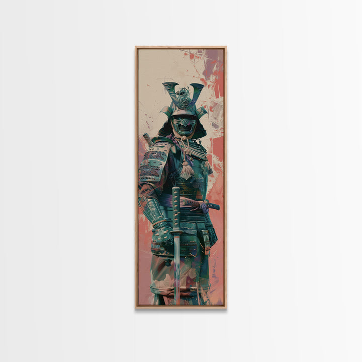 Skinny Art Tall Art Samurai Armor Wood Block Print Japanese Style Art Featuring Fierce Warrior In Full Battle Gear Framed Canvas Print