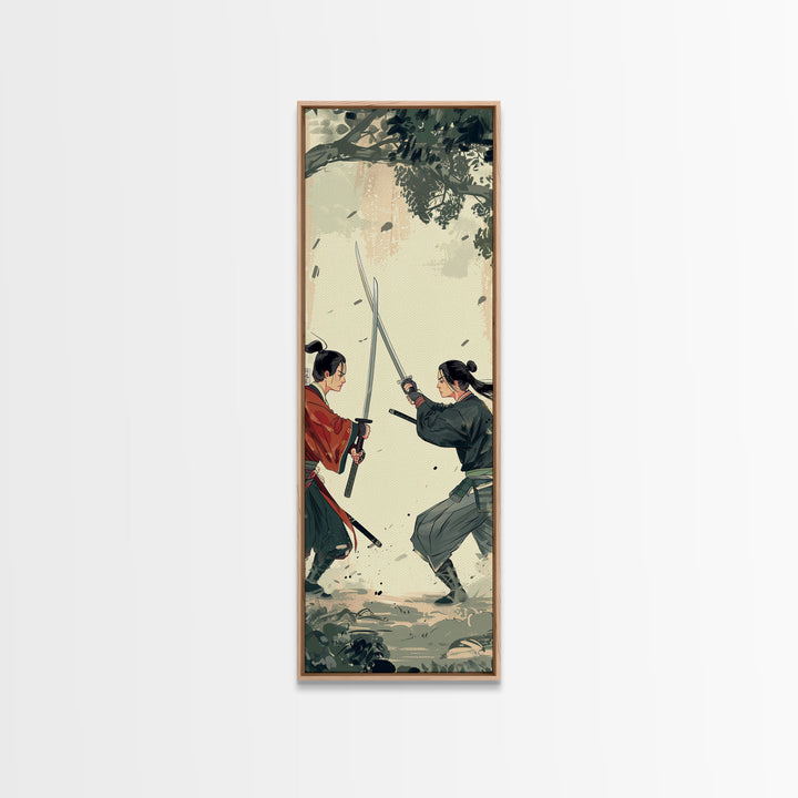 Skinny Art Tall Art Samurai Duel Wood Block Print Japanese Style Art Intense Battle Between Two Warriors Framed Canvas Print