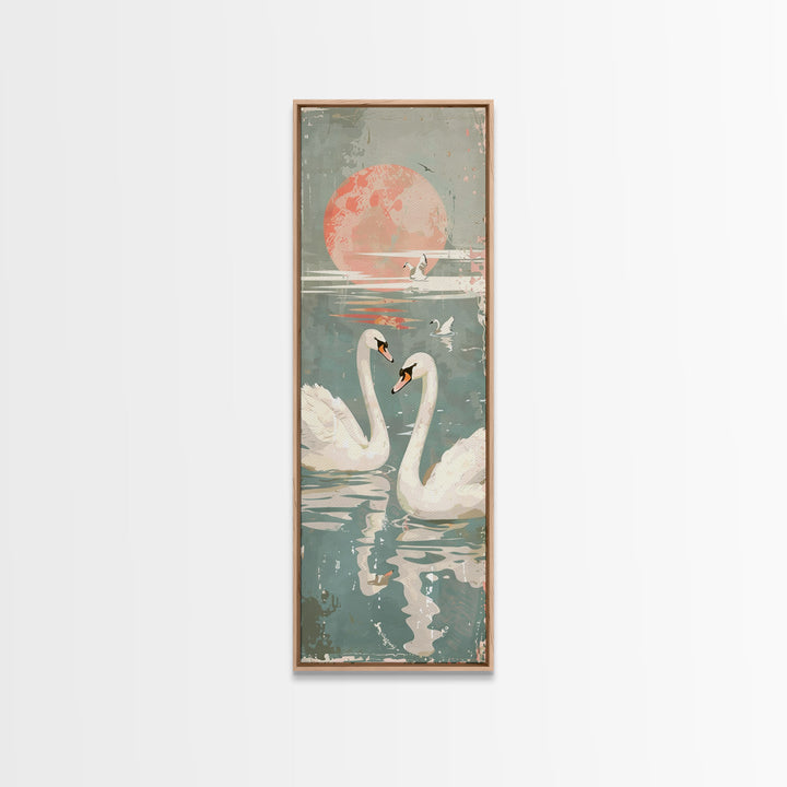 Graceful Swans With Peaceful Lake And Reflecting Sun Ukiyo-e Wood Block Skinny Tall Japanese Style Art Framed Canvas Print