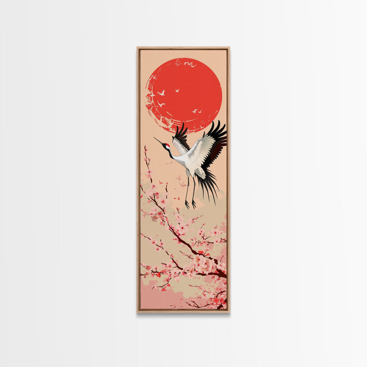Elegant Crane Bird In Mid-flight Against Bold Red Sun Ukiyo-e Tall Skinny Wood Block Framed Canvas Print Japanese Style Art