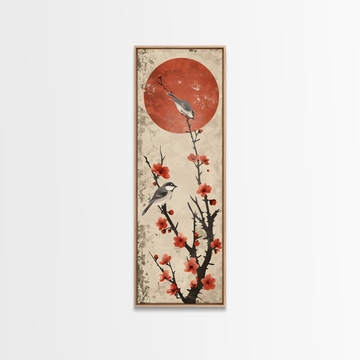 Delicate Birds Perched On Blooming Branch With Red Sun For Traditional Japanese Wall Art Decor Ukiyo-e Style Framed Canvas Print